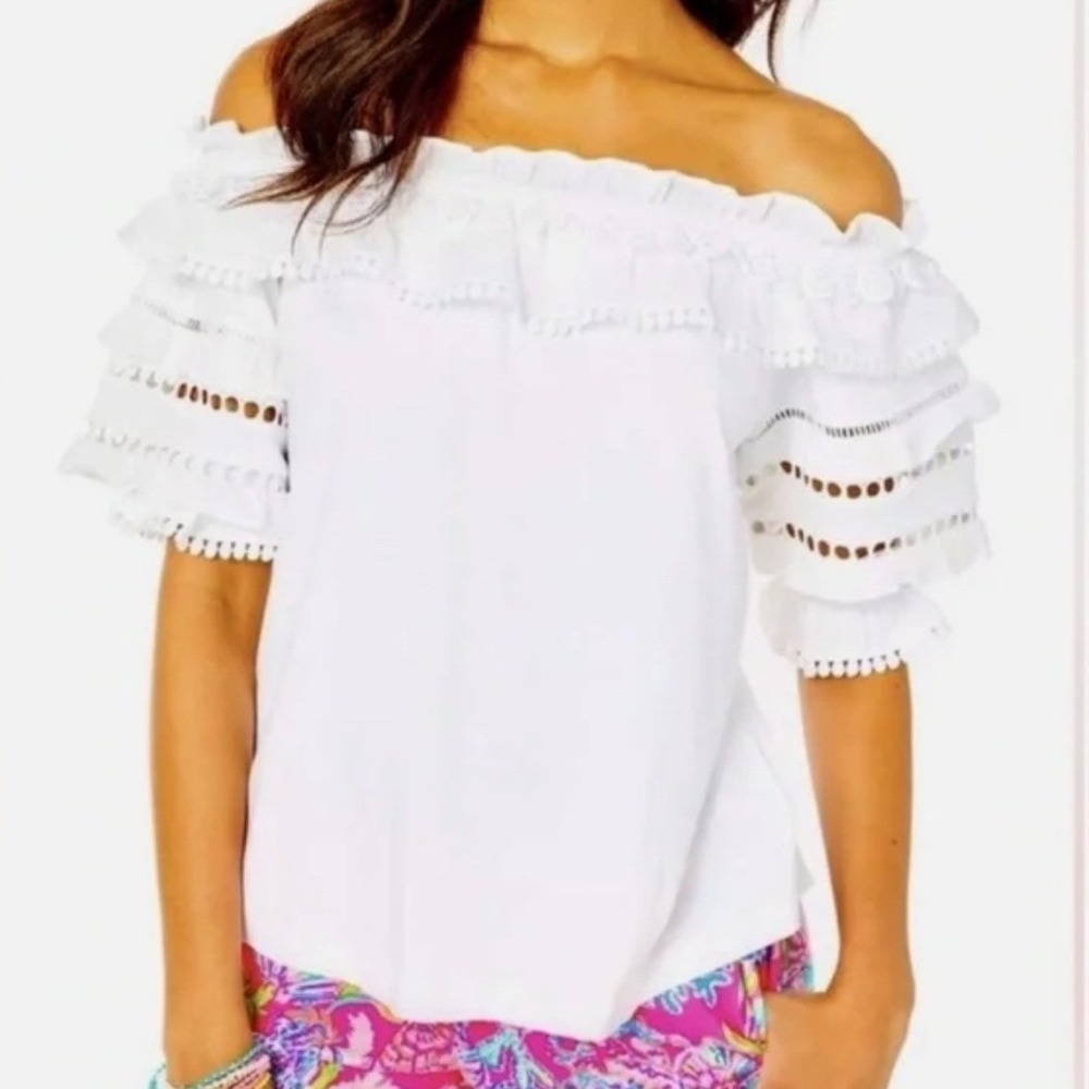 Lilly Pulitzer Ruffle Off Shoulder Top Women‎ S White Excellent Eyelet Coastal